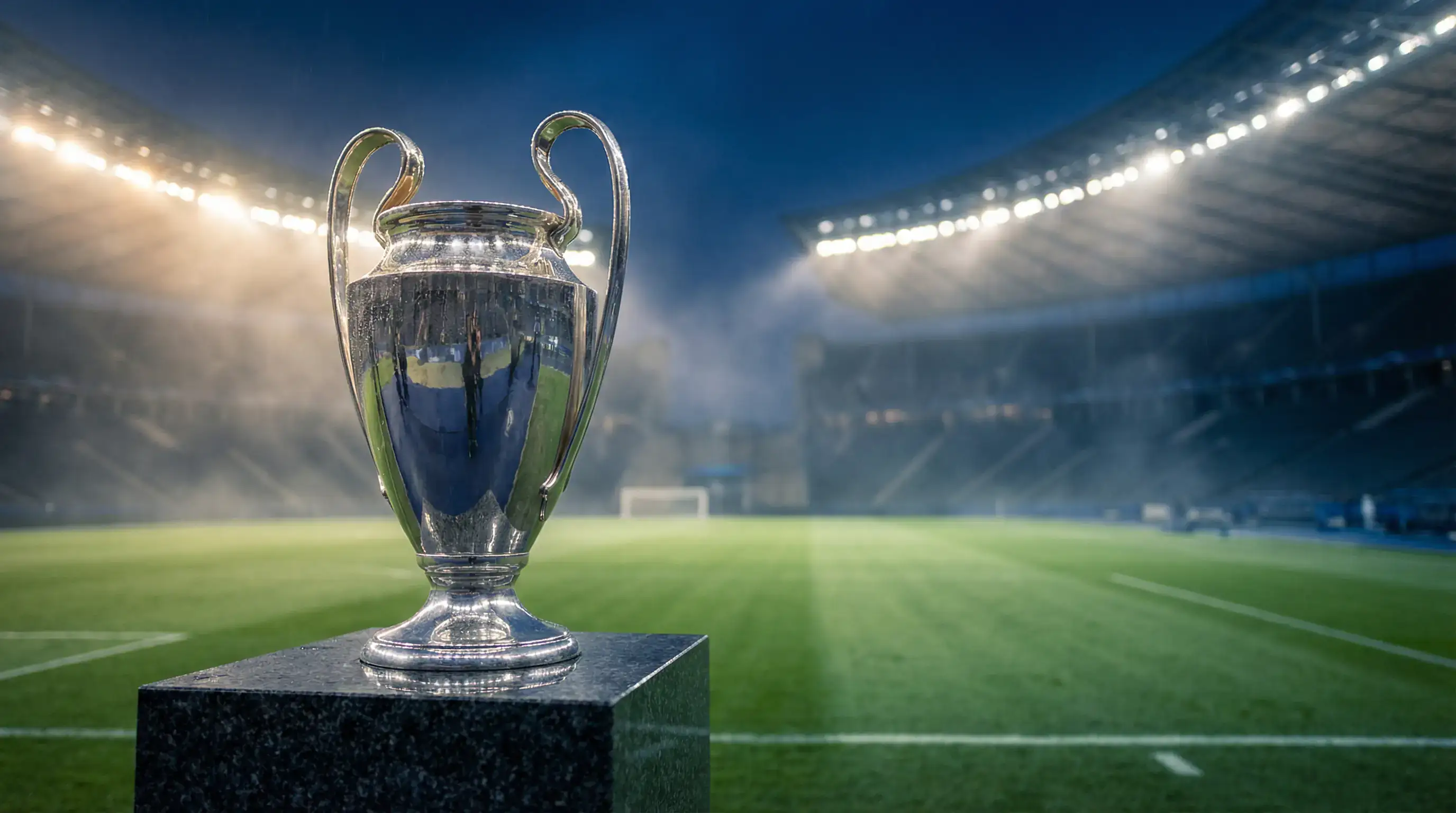 Champions-League-Pokal auf einem Sockel vor einem erleuchteten Fußballstadion bei Nacht