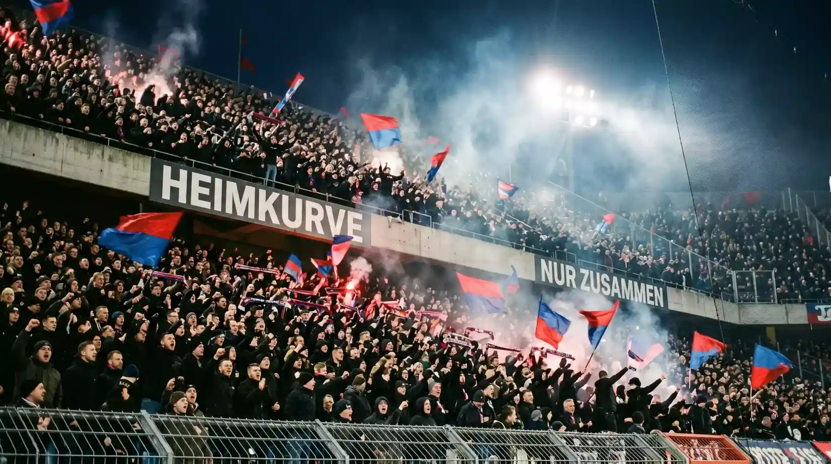Volle Zuschauerkurve in einem Champions-League-Stadion mit Fahnen